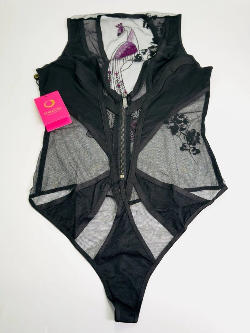 Shikkosa Peacock Bodysuit Black Small Sheer Mesh Cutout Teddy Lingerie NWT - Picture 5 of 10